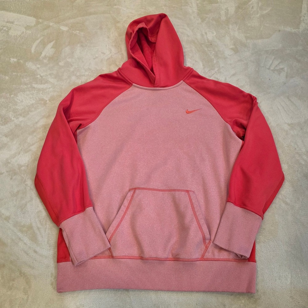 Nike Hoodie XL Pink Red Colorblock Pullover Sweatshirt Swoosh 484952-840 HO12